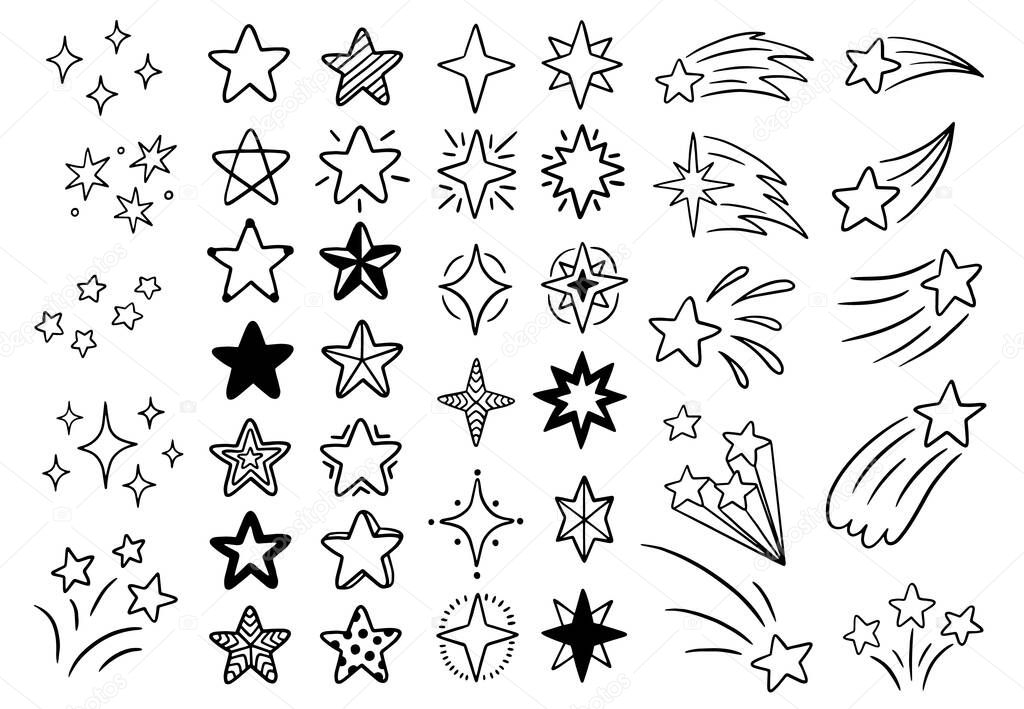 Vector set of different stars. Sketch star shapes, black starburst doodle signs. Hand-drawn, doodle elements isolated on white background.