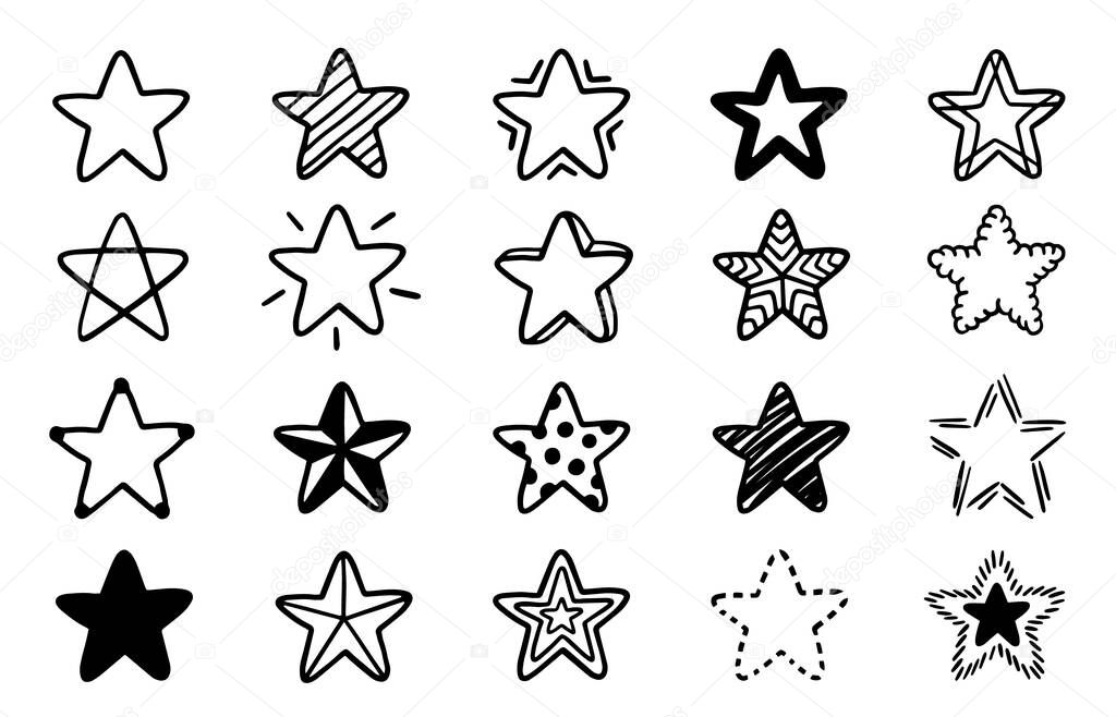 Vector set of stars shapes. Different hand-drawn stars. Hand-drawn, doodle elements isolated on white background.