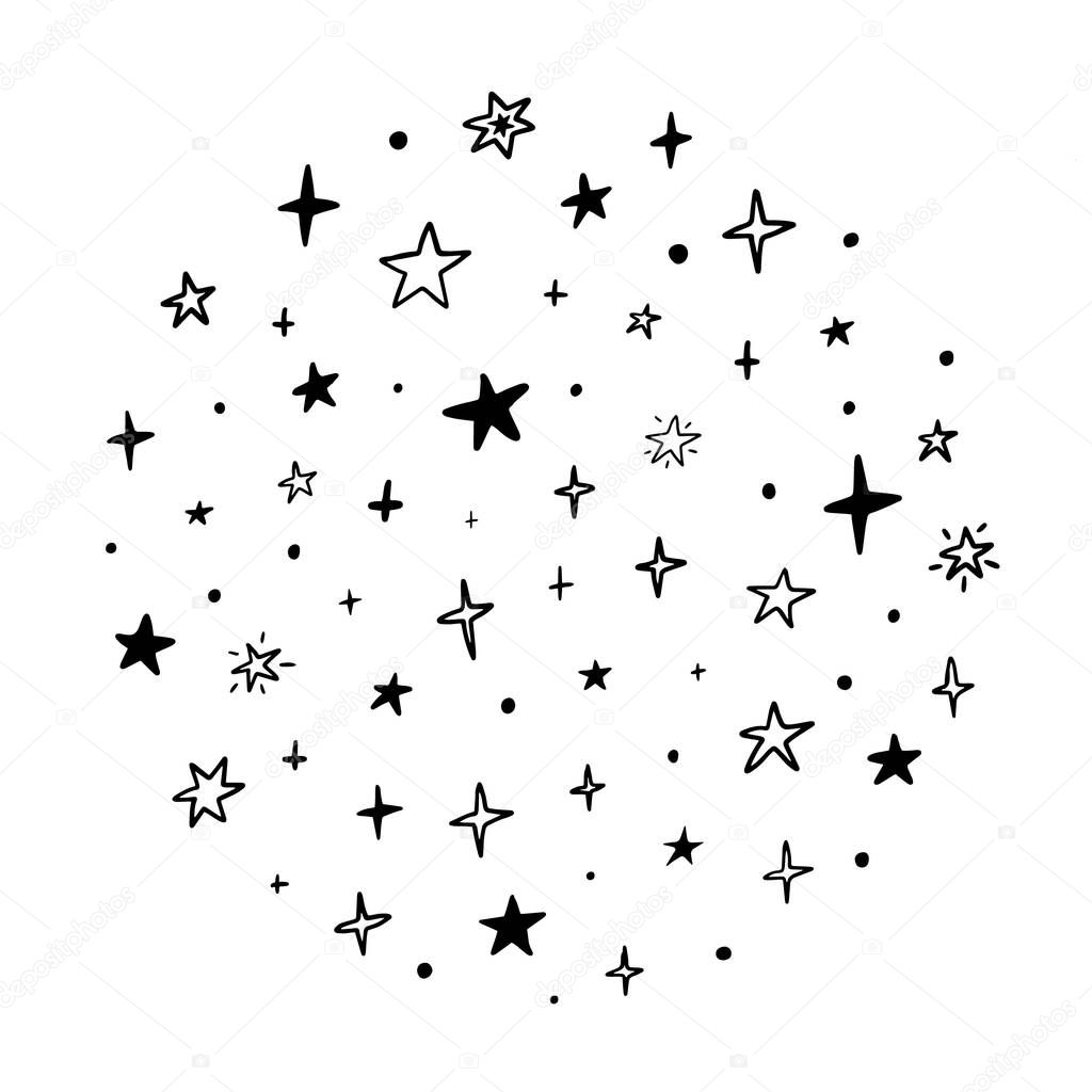 Hand-drawn stars illustration. Doodle elements isolated on white background.