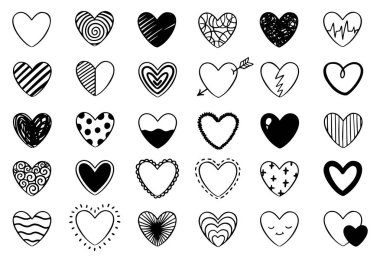 Doğrusal kalpler, pankart için tasarım koleksiyonu, kart, poster. El çizimi, karalama elementleri beyaz arkaplanda izole.