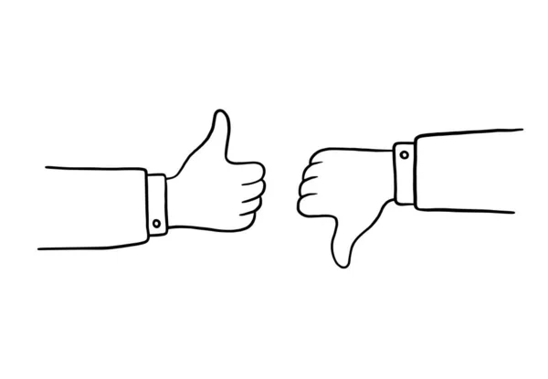 Τα χέρια δείχνουν τον αντίχειρα πάνω ή κάτω. Εικονογραφήσεις διανυσματικών σκίτσων που απομονώνονται σε λευκό φόντο. — Διανυσματικό Αρχείο