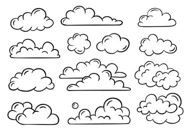 Elle çizilmiş bulut kümesi. El çizimi, karalama elementleri beyaz arkaplanda izole.