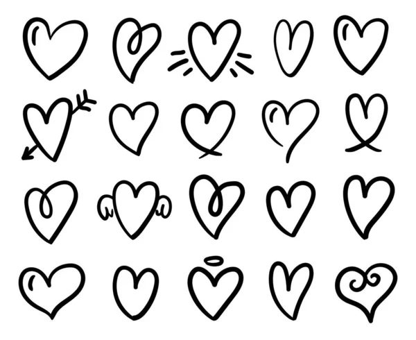 Kolekce čmáranic pro srdce. Ručně kreslené, čmáranice izolované na bílém pozadí. — Stockový vektor