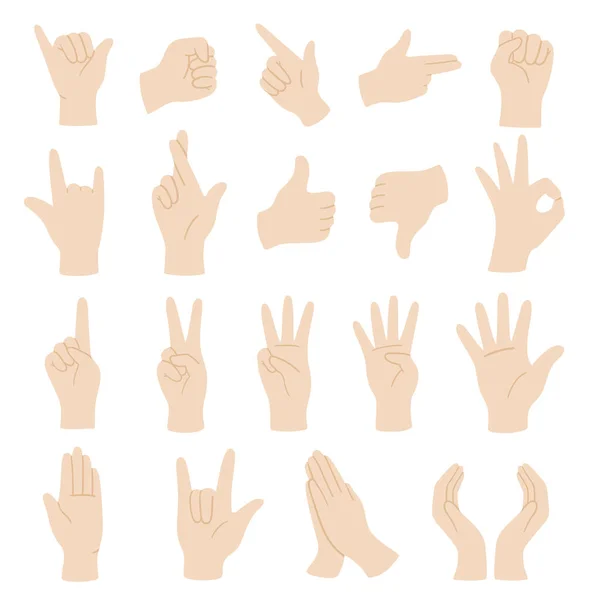 Ensemble de différents gestes de mains de style plat vectoriel. Isolé sur fond blanc. — Image vectorielle