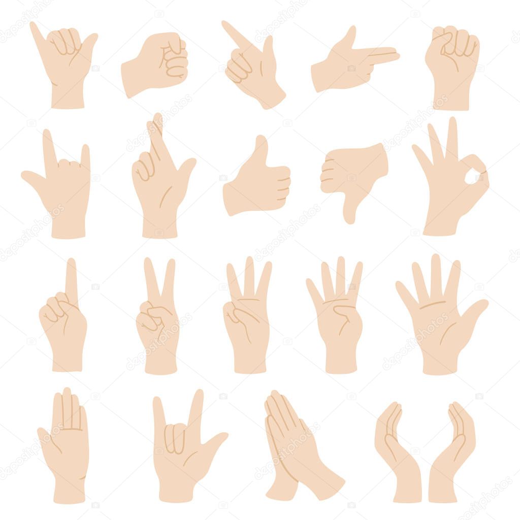 Vector flat style set of various hands gestures. Isolated on white background.