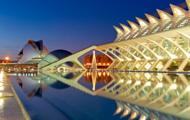 Ziyaretçiler Museu de les Cincies Principe Felipe 'nin önünde suyun yanında yürürken alacakaranlıkta ışıklar yüzeye yansıyor..