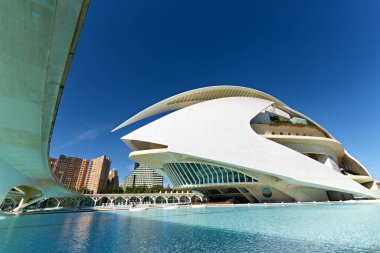 Palau de les Arts Reina Sofia açık gökyüzü ile Valencia 'da duruyor. İnsanlar mimari ve çevreden zevk almak için bölgeyi ziyaret ediyorlar..