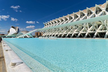 Valencia 'daki Museu de les Cincies Principe Felipe' yi araştırıyorlar. Modern mimari mavi gökyüzüne ve suya karşı duruyor..