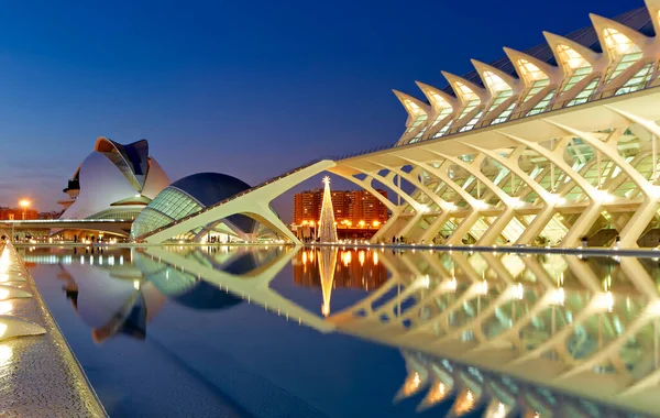 Ziyaretçiler Museu de les Cincies Principe Felipe 'nin önünde suyun yanında yürürken alacakaranlıkta ışıklar yüzeye yansıyor..