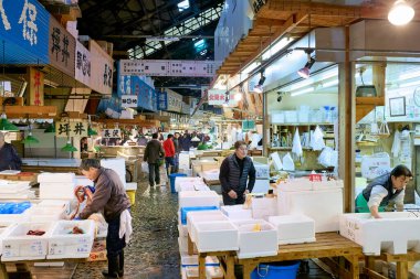 İşçiler yoğun sabah saatlerinde Tokyo 'daki balık pazarında deniz ürünleri hazırlar ve satarlar. Müşteriler satın almak için taze avlara bakıyorlar.