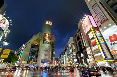 Tokyo 'nun Shibuya ilçesinde geceleri parlak ışıklar ve hareketli bir kalabalık sergileniyor. Kalabalık caddelerde insanlar toplandıkça arabalar hareket ediyor..