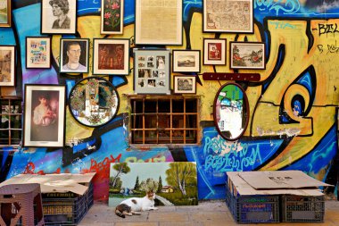 Ziyaretçiler Atina 'daki Monastiraki' deki işlek bit pazarını keşfediyorlar. Kedi yakınlarda dinlenirken renkli sokak sanatı duvarları süslüyor..