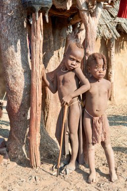 Himba köyünde iki çocuk geleneksel bir yapının yanında duruyor. Basit kıyafetler giyiyorlar ve günlük yaşamlarında yerel kültürlerini sergiliyorlar..