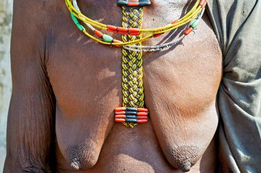Bir Zemba kadını, Namibya 'nın Kunene bölgesinde geleneksel mücevher ve vücut sanatı sergiliyor. Sahnede kültürel ifade ve kimlik sergileniyor.