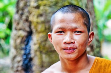 Turuncu cüppeli genç bir Budist keşiş, muhtemelen Güneydoğu Asya 'da doğal bir ortamda portre için poz veriyor..