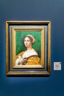 İnsanlar Palais Rohan, Strasbourg 'daki Güzel Sanatlar Müzesi' ndeki resimlere bakıyorlar. Sanat eserlerinde sanatçıların ünlü eserleri yer alıyor..