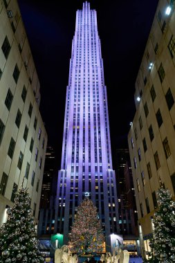 Ziyaretçiler Rockefeller Center 'a hayranlık duyuyor. Noel ağacı süslenmiş ve mevsimlik süslemelerle çevrili..