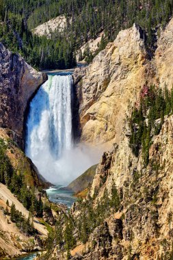 Ziyaretçiler Yellowstone Ulusal Parkı 'ndaki Artist Point' te şelalenin aşağıdaki kanyona dökülüşünü izliyorlar..