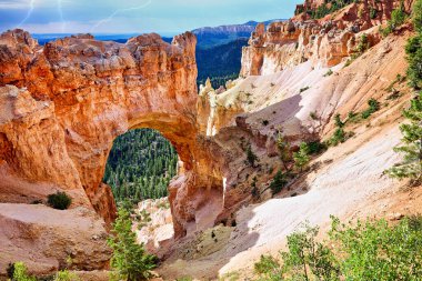 Doğal Kemer Köprüsü, Bryce Canyon Ulusal Parkı 'nda ağaçlar ve dağlarla çevrili eşsiz kaya oluşumlarını gözler önüne seriyor..