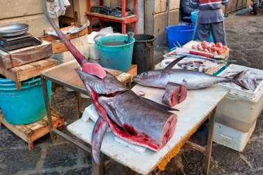 İnsanlar taze balık, et ve sebze almak için Catania 'daki Piscaria pazarını ziyaret ediyor. Tedarikçiler masalarda deniz ürünleri ve et sergiliyor.