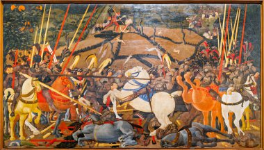 Ziyaretçiler, Uffizi Galerisi 'ndeki San Romano Muharebesi' ni resmeden Paolo Uccello 'nun tablosunu inceliyorlar. Sanat ve tarih Floransa 'da bir araya gelir.