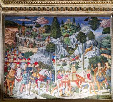 Magi Şapeli 'nde, sahne Magi' nin birçok karakter ve hayvanla dolu detaylı bir arazide yürüyüşünü gösteriyor..