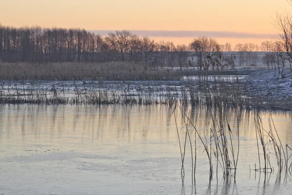 Paysage matinal givré avec lac — Photo