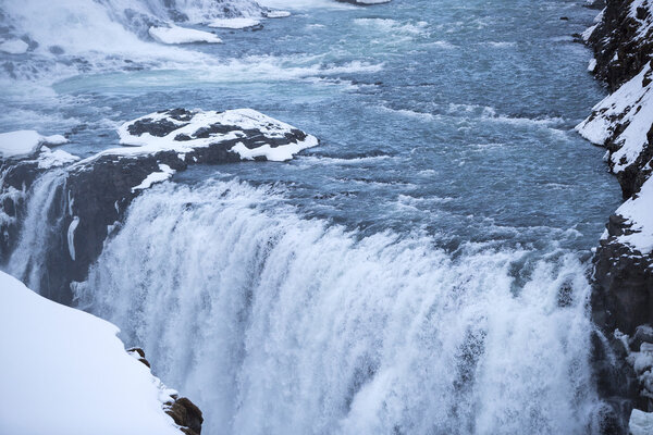 Closeup of waterfall Gullfoss in Iceland
