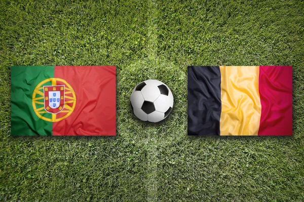 葡萄牙与比利时国旗上足球场 — 图库照片