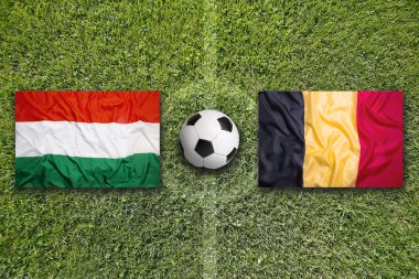 Belçika vs Macaristan futbol sahası üzerinde bayraklar