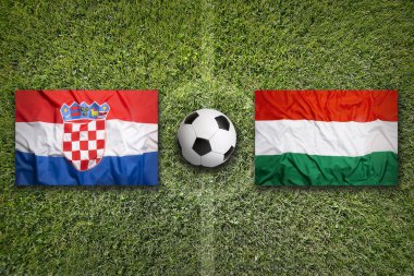 Macaristan vs Hırvatistan futbol sahası üzerinde bayraklar