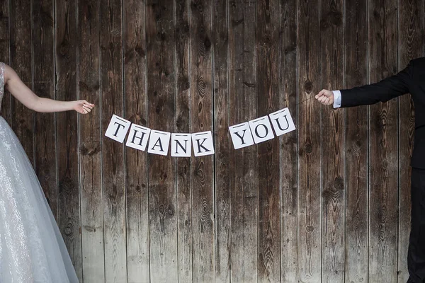 Bridal Couple Thank You Sign Front Wooden Wall — Stock Photo, Image