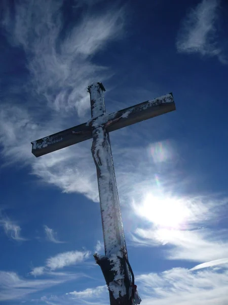 Cruz Cumbre Montaña Brecherspitze Baviera Alemania Invierno —  Fotos de Stock