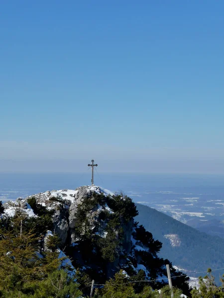 Cruz Cumbre Montaña Breitenstein Baviera Alemania Invierno — Foto de Stock