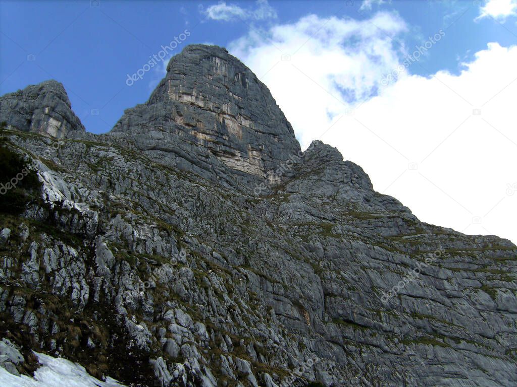 Mountain view at Boeslsteig via ferrata in Berchtesgaden Alps, Bavaria, Germany in springtim