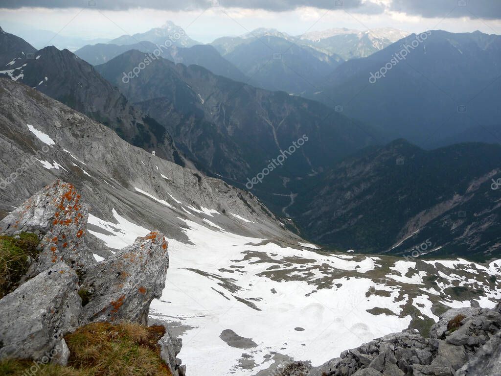 Mountain hiking tour to Daniel mountain in Tyrol, Austria in summertime