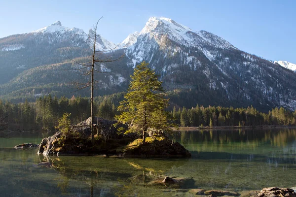 Famoso Lago Hintersee Baviera Germania Con Montagne Innevate — Foto Stock