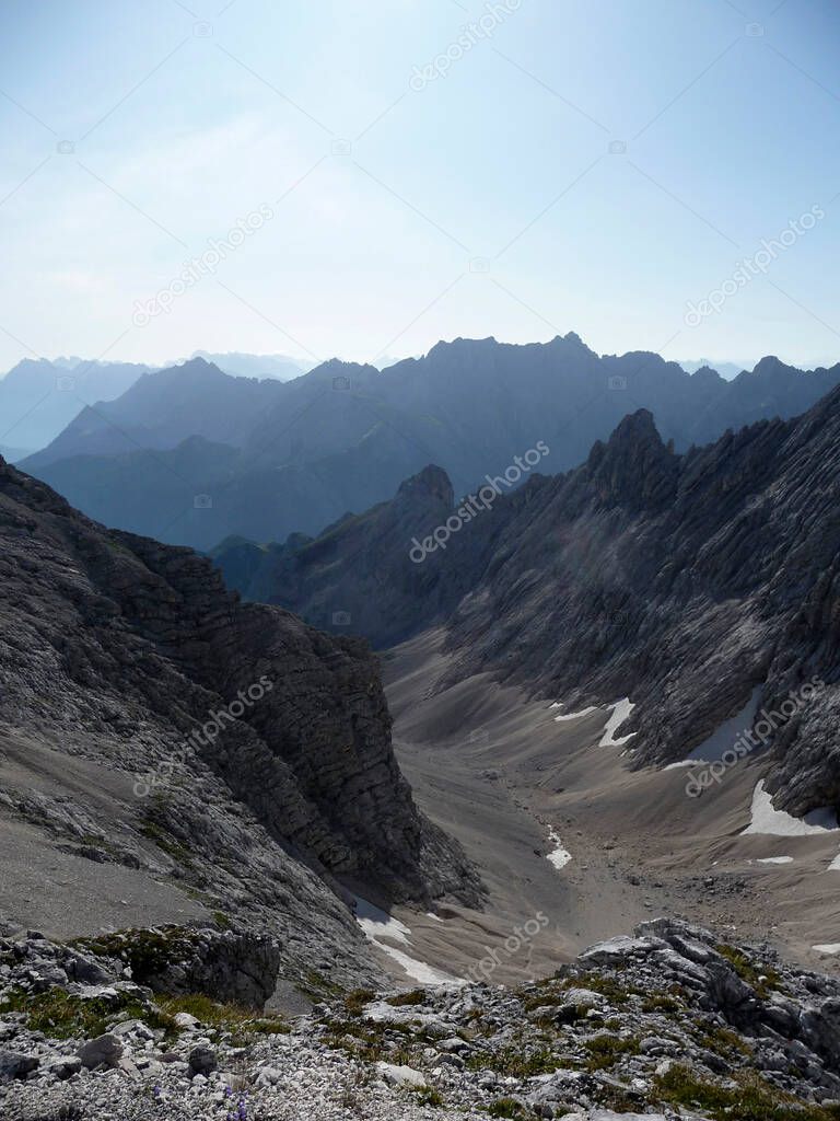 Mountain hiking tour on Jubilaeumsgrat ridge, Bavaria, Germany in summertime