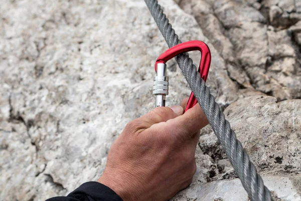 Correct Belaying Ferrata Carabiners — Stock Photo, Image