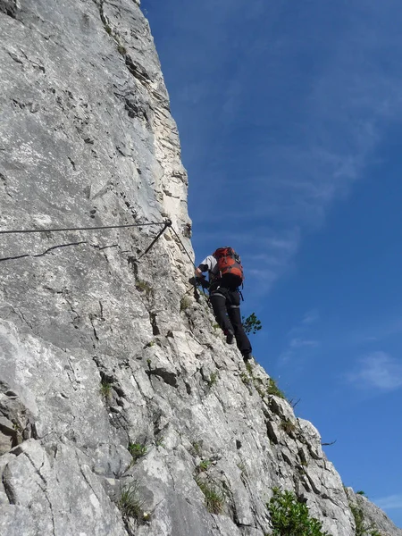 Escalador Vía Ferrata Seebensee Montaña Tajakopf Tirol Austria — Foto de Stock