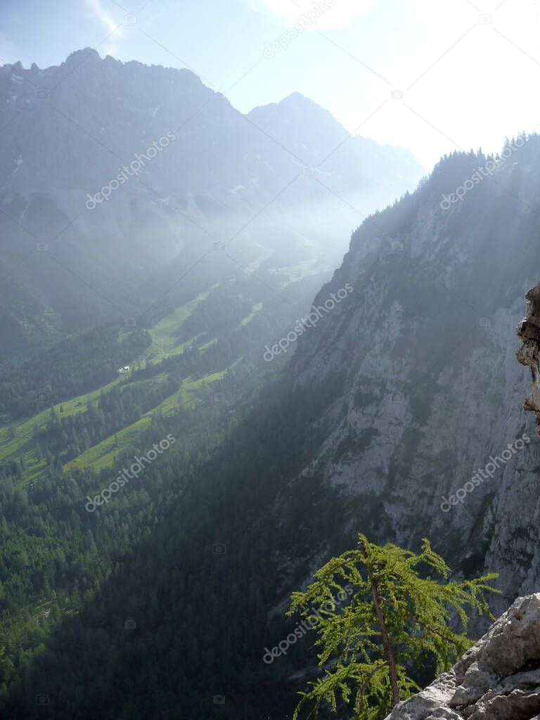 Via ferrata at high mountain lake Seebensee, Zugspitze mountain, Tyrol, Austria in summertime