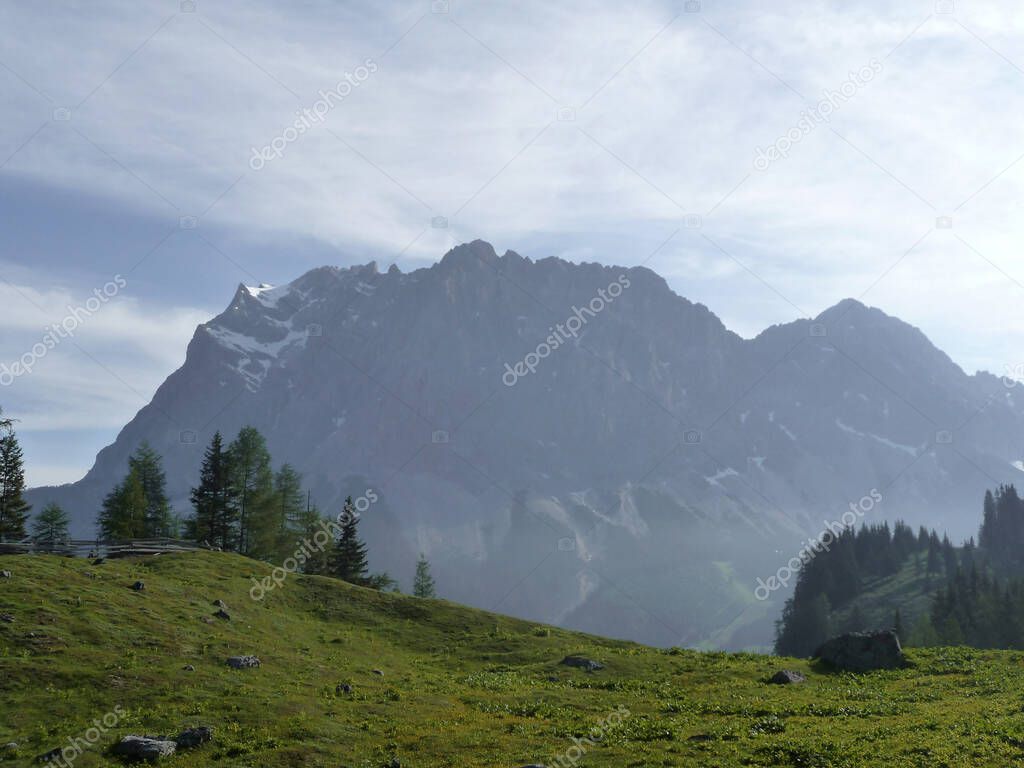 Via ferrata at high mountain lake Seebensee, Zugspitze mountain, Tyrol, Austria in summertime