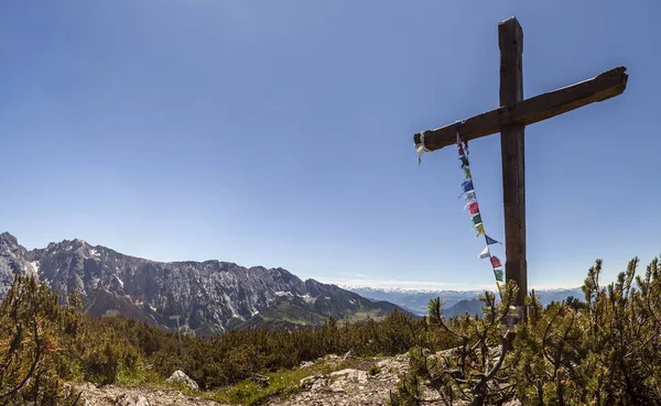 Panorama Vista Cumbre Cruz Montaña Peterskoepfl Tirol Austria Verano —  Fotos de Stock