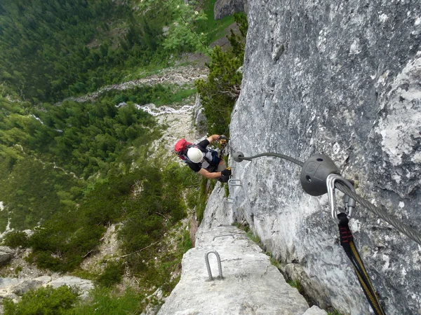 Climber Seebenklettersteig Ferrata Tyrol Austria Summertime — Stock Photo, Image