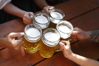 insanların geleneksel Bavyera bira bahçesinde bira içmek