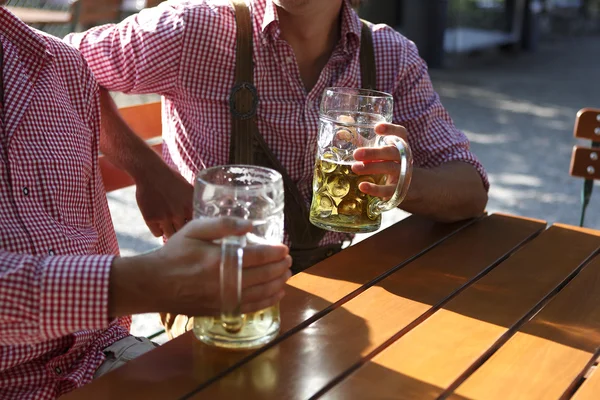 Dois bávaros sentados em um jardim de cerveja — Fotografia de Stock