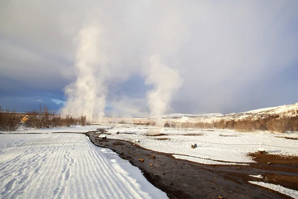 Several Geysers in a winter landscape in Iceland — Stock Photo, Image