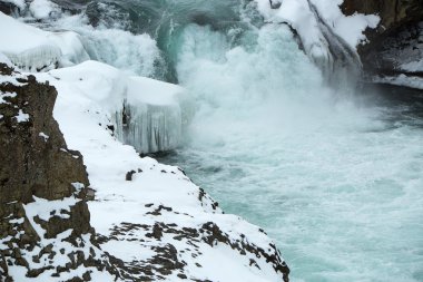 Closeup donmuş şelale Godafoss, İzlanda