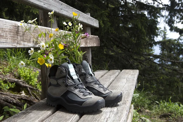 Zapatos de senderismo con flores en un banco — Foto de Stock