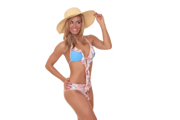 Glückliche Junge Frau Bikini Isoliert Auf Weiß — Stockfoto